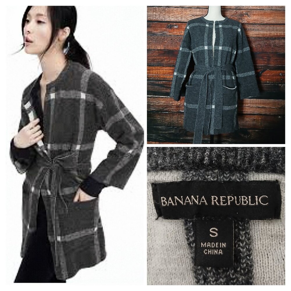 Banana Republic Cardigan Sweater S Belted Merino Wool Blend Gray Windowpane